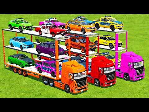 TRANSPORTING CARS GAME, AMBULANCES, VOLKSWAGEN POLICE, DACIA, MERCEDES  WITH HYUNDAI TRUCKS - FS22