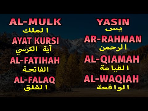 SURAH AL MULK, AL BAQARAH, AL KAHFI, AL FALAQ, YASIN, AR RAHMAN, AN NABA, AL QIAMAH, AD DUQAN