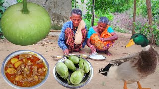 80 years old grandma cooking DUCK MEAT with BOTTLE GOURD curry and eating | rural cooking lifestyle 