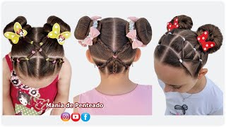 3 Penteados Infantis Fáceis com Coque e Liguinhas 😍| 3 Easy Buns Hairstyles with Elastics for Girls🥰
