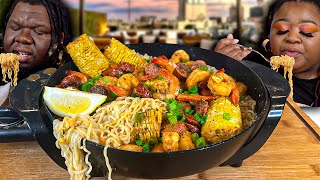 COOK WITH US!!! SEAFOOD BOIL RAMEN W/ CORN & SAUSAGE | MUKBANG EATING SHOW!!!