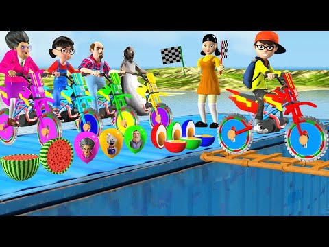 Scary Teacher 3D vs Squid Game Wooden Ladder Motorbike Cut Watermelon and Egg 5 Time Challenge