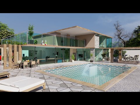 Plano de casa con piscina y jardín | Plano de casa de 10x15 metros