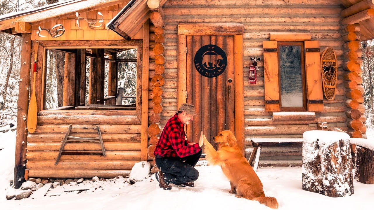 First Snow at the Off Grid Log Cabin Winter 2019