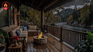 Autumn Porch in the Rain 🍂🌧 Riverside Cabin, Cozy Firepit & Nature Ambience