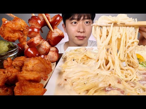 매콤한 베이컨 크림파스타...✨ 치킨가라아게 소시지 같이 먹어보겠습니다!! 먹방 ASMR MUKBANG BACON CREAM PASTA CHICKEN SAUSAGE EATING