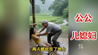 儿媳吓得声音发颤，另一只手胡乱抓着地面。公公咬紧牙，腰杆绷得像拉满的弓，喉咙里发出闷沉的使劲声，一寸一寸把人