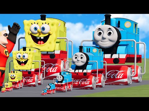 Big & Small Thomas the Train on Cola Wheels vs SpongeBob the Train vs Mr. Incredible | BeamNG.Drive