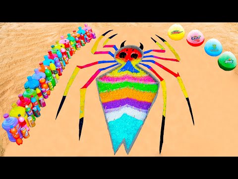 Creating a Rainbow Spider with Orbeez, Monster Balloons, Fanta, Big Coca Cola, and Mentos