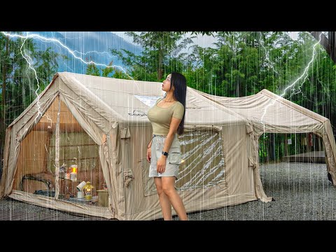 EVERYTHING IS WET ☔️ HEAVY RAIN CAMPING IN 2 ROOM INFLATABLE TEANT . RAIN ASMR