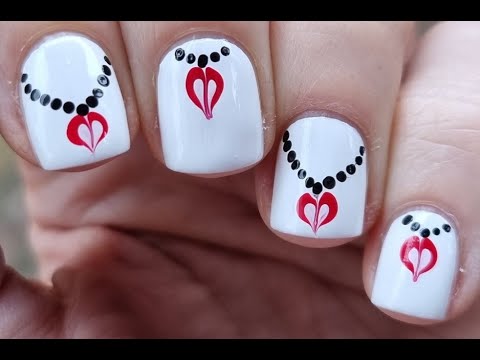 Valentine's Day Nails | White Heart Necklace Nail Art  | Easy Nail Design For Beginners