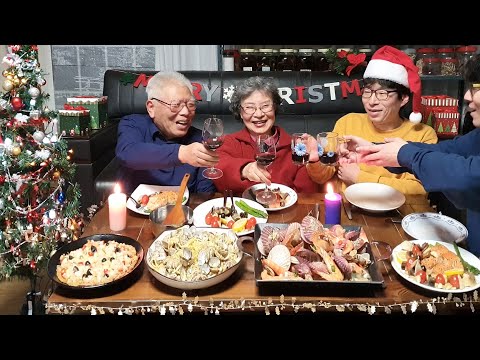 미리 크리스마스 요리 총출동 (연어 스테이크, 가리비 해물찜, 봉골레 파스타, 고구마피자) christmas dinner mukbang / christmas food recipes