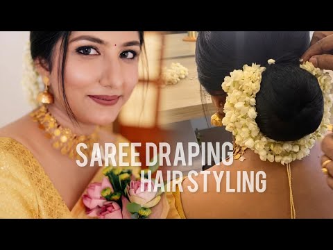 Banarasi silk saree draping and mullappu hairdo, jasmine hair updo