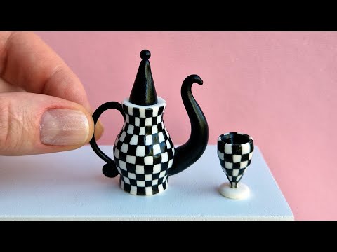 Miniature teapot and goblet with chess pattern🖤🤍🖤Polymer clay