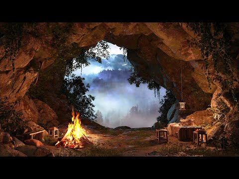 Hidden Cave at Night with Rain, Thunder, and Bonfire Sounds for Deep Sleep