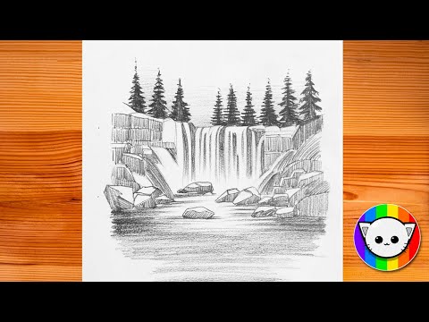 Scenery pencil drawing | How to draw a waterfall