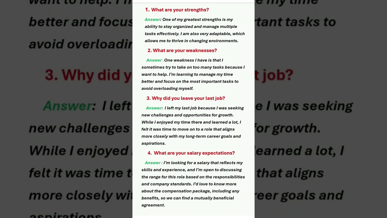 Top 4 Job Interview Questions and Answers (Common Questions) #interviewquestions #interview #shorts | 14.02.2025

Interview Questions answers Job interview question answers.