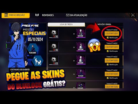 URGENTE!! PEGUE AS SKINS DO BLUELOCK DE GRAÇA, CUBO MÁGICO? NOVA GOLA PRETA E NOVO PUNHO - FREE FIRE