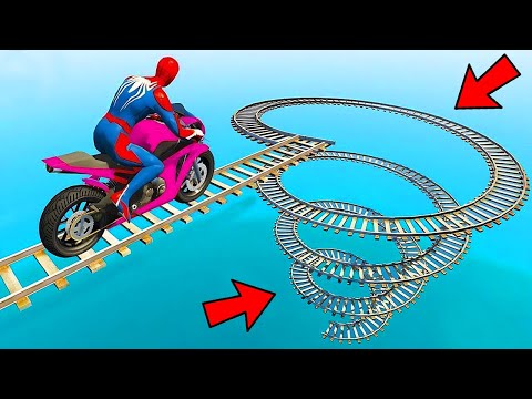 الأبطال الخارقين على القضبان دوامة قمع جسر - SPIDER-MAN on Motorcycle in Spiral Bridge Stunt Ride!