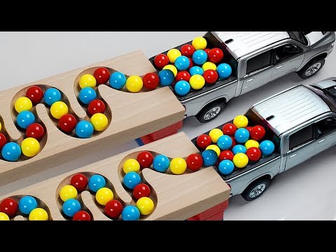 Marble Run Race ☆ HABA Slope & Retro Makita Truck, Excavator, Garbage Truck, Dump Truck, Ambulance