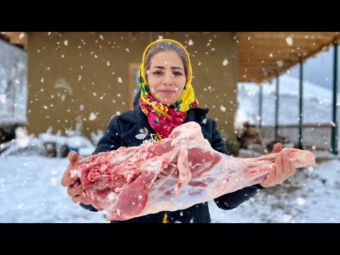 Living in Distance Snowy Village and Cooking Lamb Broth for Dinner