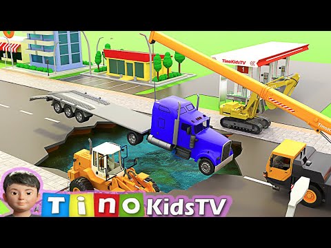 Trailer Truck Rescue - Mobile Crane, Mixer and Dump Trucks for Kids | Road Sink Hole Repair