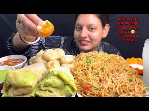 Eating Malai Chaap Roll, Veg Special Chowmine, Veg Momos I Street Food Challenge I Foodie Gd