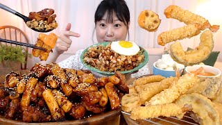 매콤한 지코바 바베큐치킨 떡사리 치밥 모둠튀김 스리라차마요소스 먹방 Spicy Chikoba Chicken with Tteok Fried Shrimp Kfood Mukbang