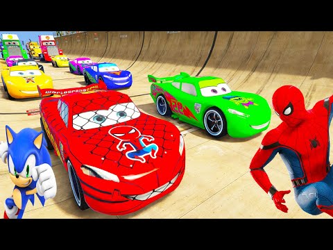 SPIDERMAN Vs HULK McQueen CARS Mega MULTI BLOCK Ramp ! SUPERHERO Mack Truck Epic Stunt Race  - GTA V