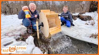 Building water wheel to make power with construction snowmobile, trailer. Educational | Kid Crew