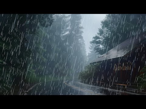Goodbye Stress to Sleep Better with Heavy Rain & Rumbling Thunder on a Forest Tin Roof at Night