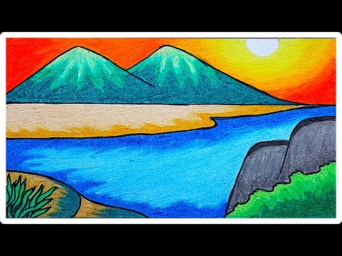 Menggambar Pemandangan | Cara Menggambar Pemandangan Gunung dan Sungai Dengan Oil Pastels