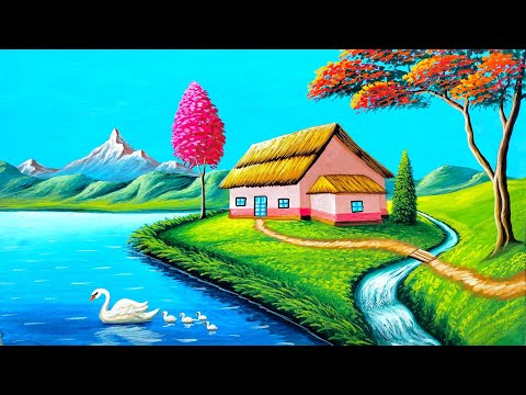 Painting of an Indian village and a small waterfall scenery | painting 544