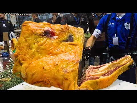 Giant Brontosaurus 'Tomahawk' Steaks Cut and Cooked. Italy Street Food Event