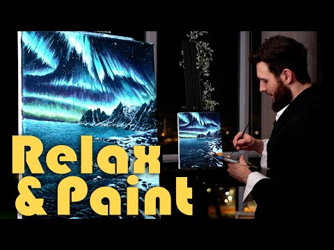 Painting the Northern Lights Reflecting on the Snowy Horizon with Acrylics - Paint and Relax With Me