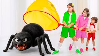 Eva and Friends catching Giant Bugs at home