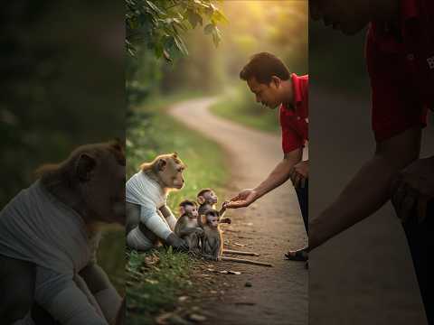 A kind man saves a monkey with her babies on the road  #rescuec#animals #monkey