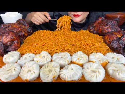 ASMR EATING BUTTER CHICKEN MOMOS,SOICY NOODLES,WHOLE GRILLED CHICKEN