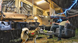 CAMPING IN THE RAIN  ⚡ $12,000 LUXURY 3-ROOM TENT TRAILER