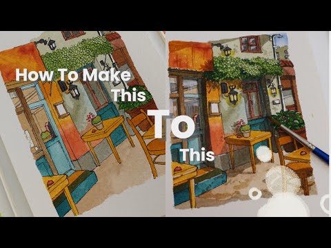 “Step By Step color shading tutorial : Watercolor Cafe Scene”