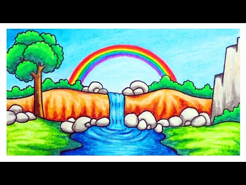 Menggambar Pemandangan | Cara Menggambar Pemandangan Pelangi Di Atas Air Terjun Dengan Oil Pastels