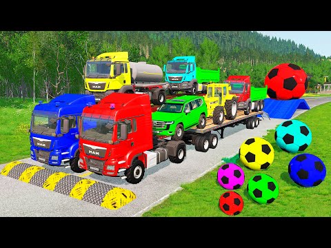 Flatbed Trailer McQueen Transportation with Truck - Speedbumps vs Cars vs Train - BeamNG.Drive #16