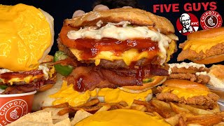 ASMR MUKBANG KFC FIVE GUYS BURGERS CHIPOTLE GIANT BURRITOS CHICKEN & FRIES | WITH CHEESE