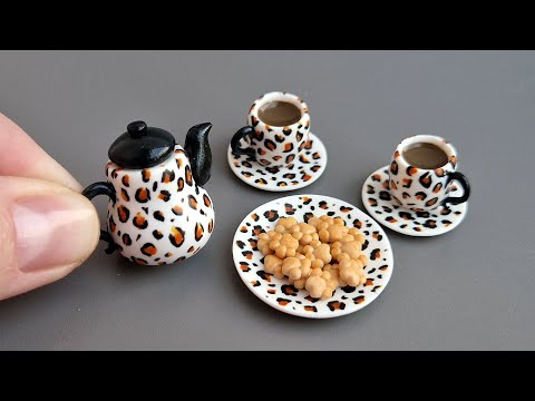 Miniature coffee set with Leopard print🐆🐾Polymer clay\DIY\Tutorial\Fimo