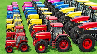 Mini vs GIANT TRACTORS! TRANSPORT Massey Ferguson TRACTORS with TESLA TRUCKS TO HIGH GARAGE! FS22