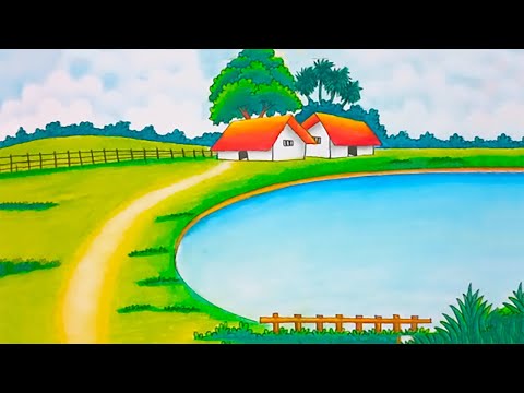 How to Draw an Easy Village Scenery with a Beautiful Lake | Step by Step Drawing with Oil Pastel