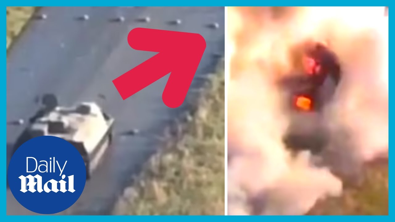 Russian tank blown up driving over visible landmines and the soldier walks away