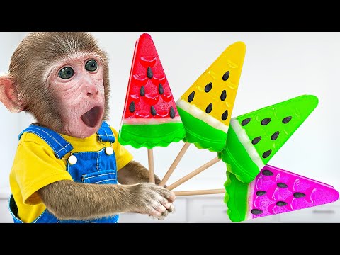 KiKi Monkey make Sweet Rainbow Watermelon Fruit Jelly Idea & Take Care of Duckling |KUDO ANIMAL KIKI