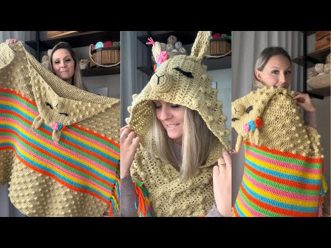 Manta de Lhama de croche / Manta divertida com capuz de alpaca/ Crochet llama blanket