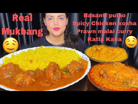 Eating Basanti Pulao, Spicy Chicken Kosha, Prawn Malai Curry, Katla Kalia | Bengali Non Veg Thali